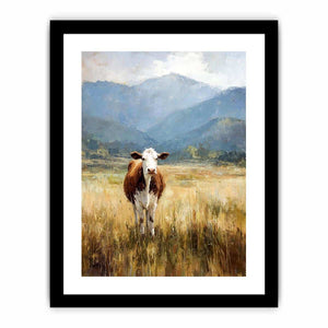 Cow pasture canvas art with mountains for rustic farmhouse living room decor.