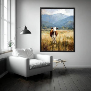 Cow pasture canvas art with mountains for rustic farmhouse living room decor.