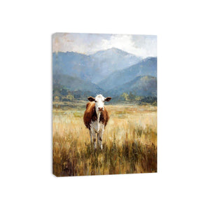 Cow pasture canvas art with mountains for rustic farmhouse living room decor.