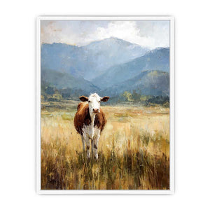 Cow pasture canvas art with mountains for rustic farmhouse living room decor.