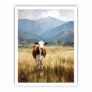 Cow pasture canvas art with mountains for rustic farmhouse living room decor.
