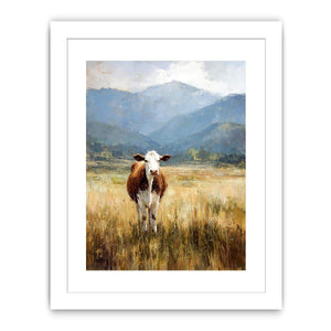 Cow pasture canvas art with mountains for rustic farmhouse living room decor.