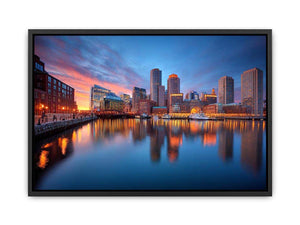 Waterfront city skyline canvas photography for modern office wall decor.