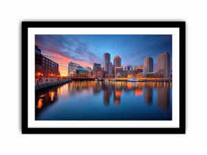 Waterfront city skyline canvas photography for modern office wall decor.