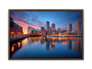Waterfront city skyline canvas photography for modern office wall decor.