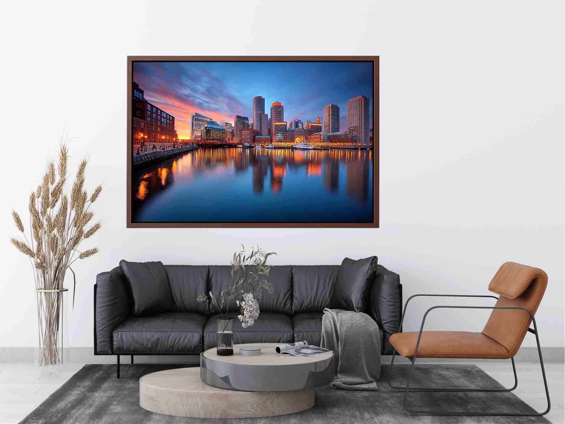 Waterfront city skyline canvas photography for modern office wall decor.