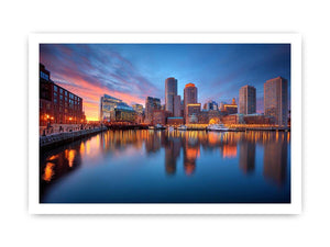 Waterfront city skyline canvas photography for modern office wall decor.