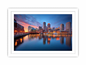 Waterfront city skyline canvas photography for modern office wall decor.