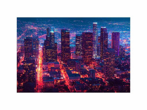 Night city skyline photography canvas art for modern living room or office decor.