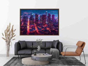 Night city skyline photography canvas art for modern living room or office decor.