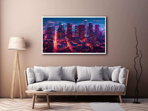 Night city skyline photography canvas art for modern living room or office decor.