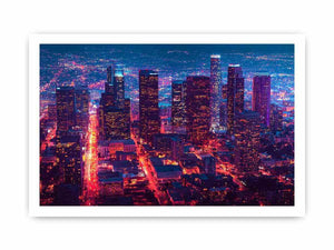 Night city skyline photography canvas art for modern living room or office decor.
