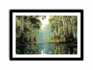 Serene forest river landscape canvas art for calm living room decor.