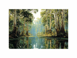 Serene forest river landscape canvas art for calm living room decor.