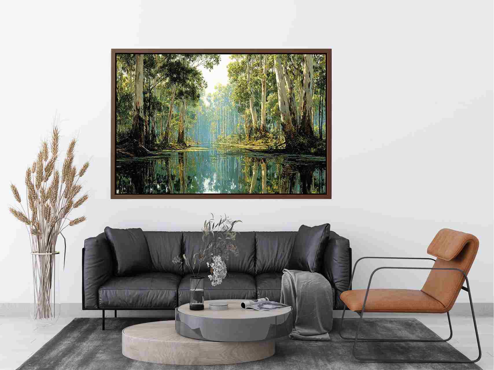 Serene forest river landscape canvas art for calm living room decor.