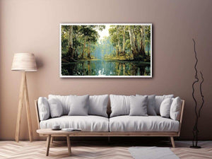 Serene forest river landscape canvas art for calm living room decor.