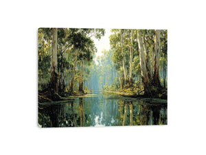Serene forest river landscape canvas art for calm living room decor.