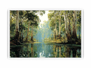 Serene forest river landscape canvas art for calm living room decor.