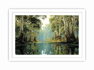Serene forest river landscape canvas art for calm living room decor.