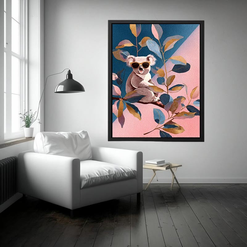 Cute koala illustration canvas art with sunglasses for kids room decor.