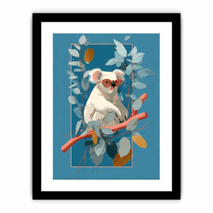 Cool koala illustration canvas art with eucalyptus leaves for kids room decor.