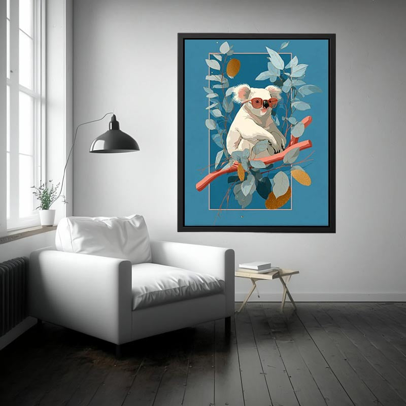 Cool koala illustration canvas art with eucalyptus leaves for kids room decor.