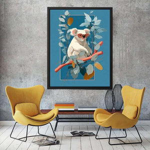 Cool koala illustration canvas art with eucalyptus leaves for kids room decor.