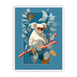 Cool koala illustration canvas art with eucalyptus leaves for kids room decor.