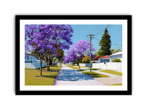 Purple jacaranda street landscape canvas art for bright living room decor.