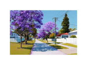 Purple jacaranda street landscape canvas art for bright living room decor.