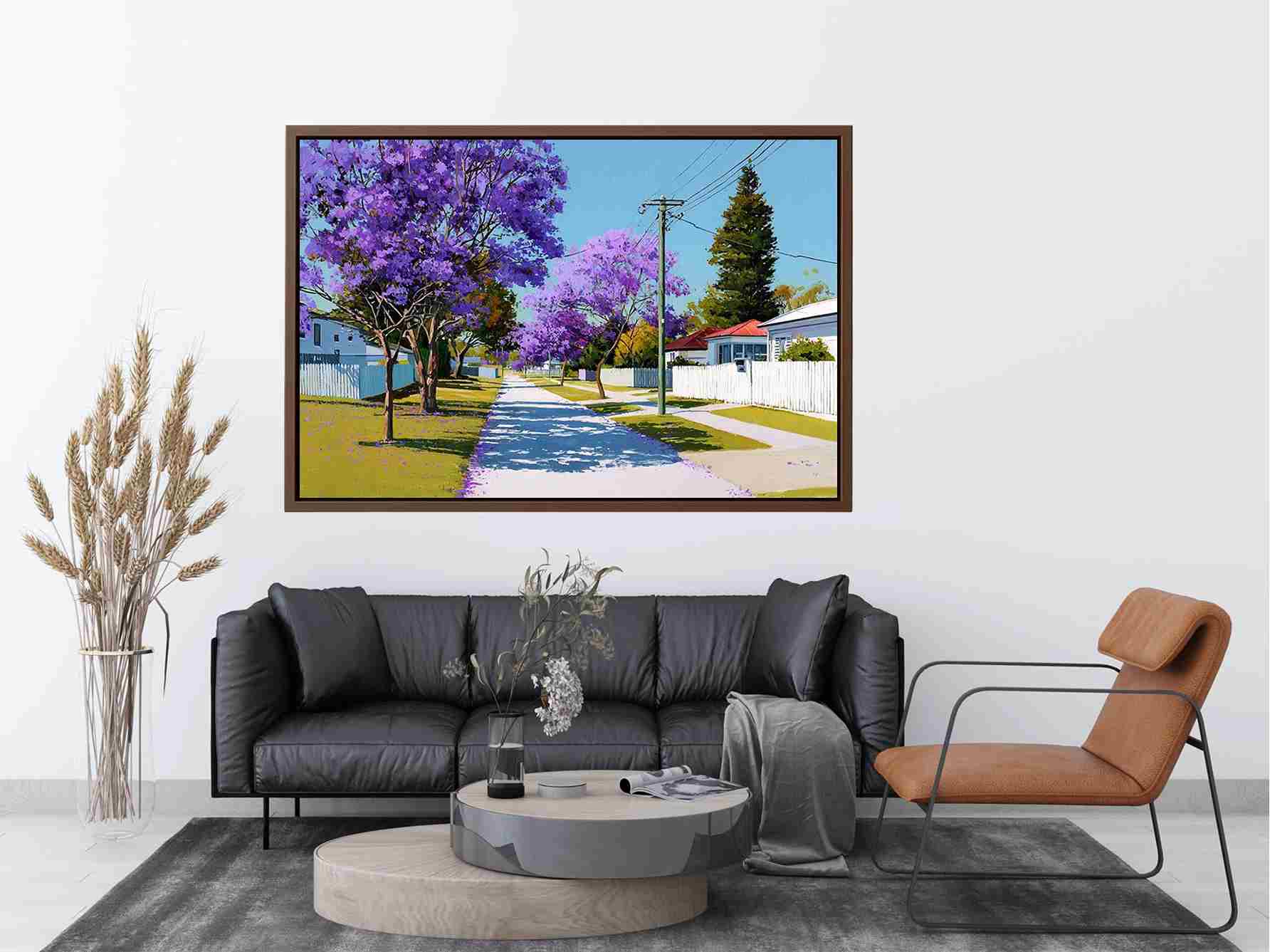 Purple jacaranda street landscape canvas art for bright living room decor.