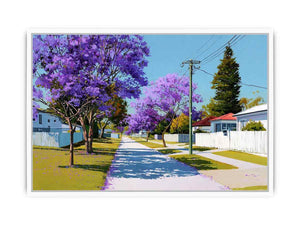 Purple jacaranda street landscape canvas art for bright living room decor.