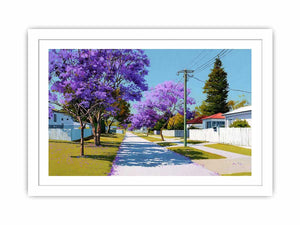 Purple jacaranda street landscape canvas art for bright living room decor.