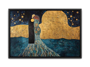 Surreal couple canvas art with gold moon and stars for elegant bedroom or living room decor.