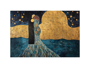 Surreal couple canvas art with gold moon and stars for elegant bedroom or living room decor.