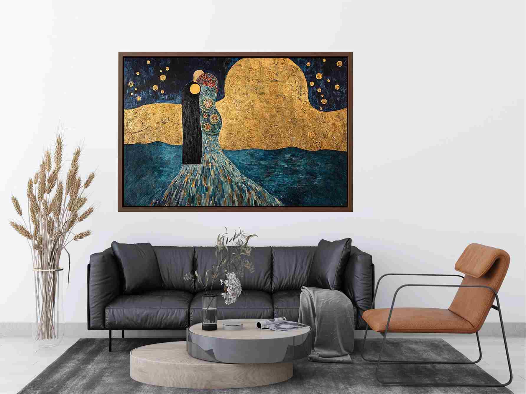 Surreal couple canvas art with gold moon and stars for elegant bedroom or living room decor.