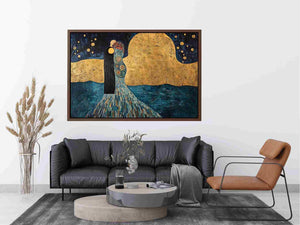 Surreal couple canvas art with gold moon and stars for elegant bedroom or living room decor.