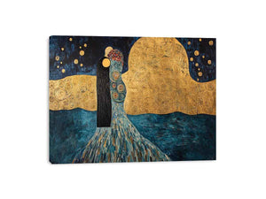 Surreal couple canvas art with gold moon and stars for elegant bedroom or living room decor.