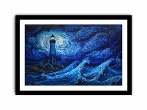 Moonlit lighthouse canvas art with blue ocean waves for moody coastal wall decor.