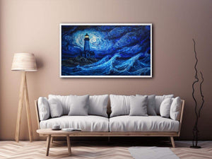 Moonlit lighthouse canvas art with blue ocean waves for moody coastal wall decor.