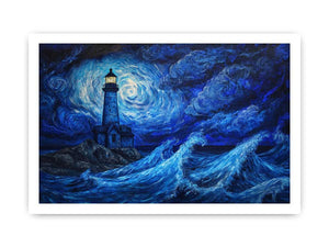 Moonlit lighthouse canvas art with blue ocean waves for moody coastal wall decor.