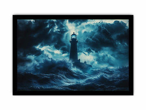Dark storm lighthouse canvas art with ocean waves for moody coastal interior decor.