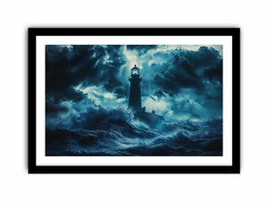 Dark storm lighthouse canvas art with ocean waves for moody coastal interior decor.