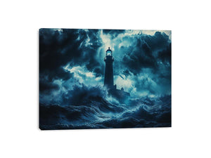 Dark storm lighthouse canvas art with ocean waves for moody coastal interior decor.