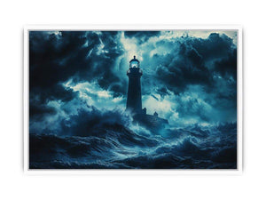 Dark storm lighthouse canvas art with ocean waves for moody coastal interior decor.