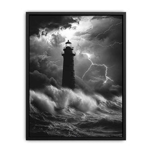 Black and white lighthouse canvas art with lightning storm for modern coastal decor.