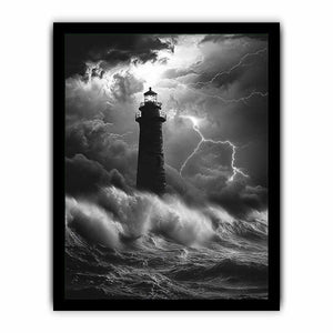 Black and white lighthouse canvas art with lightning storm for modern coastal decor.