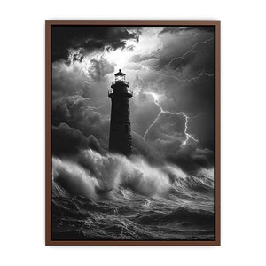 Black and white lighthouse canvas art with lightning storm for modern coastal decor.
