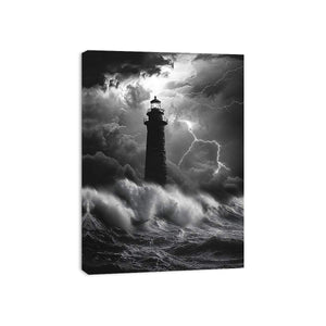 Black and white lighthouse canvas art with lightning storm for modern coastal decor.