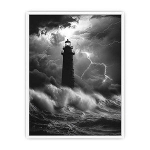 Black and white lighthouse canvas art with lightning storm for modern coastal decor.